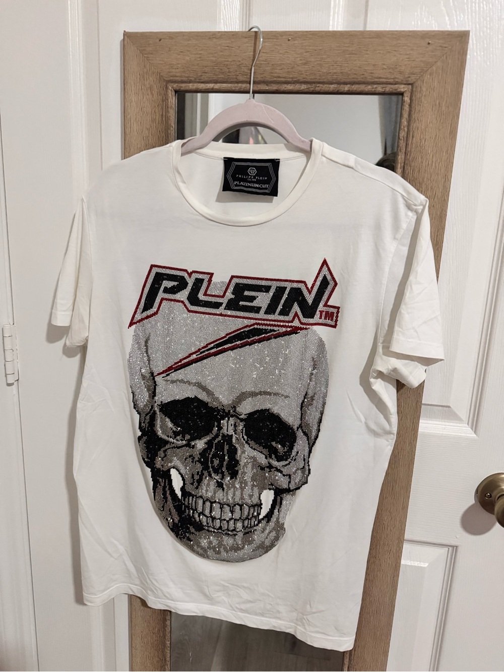 Philipp Plein White Short Sleeve Tee with Skull and Red Logo Accents